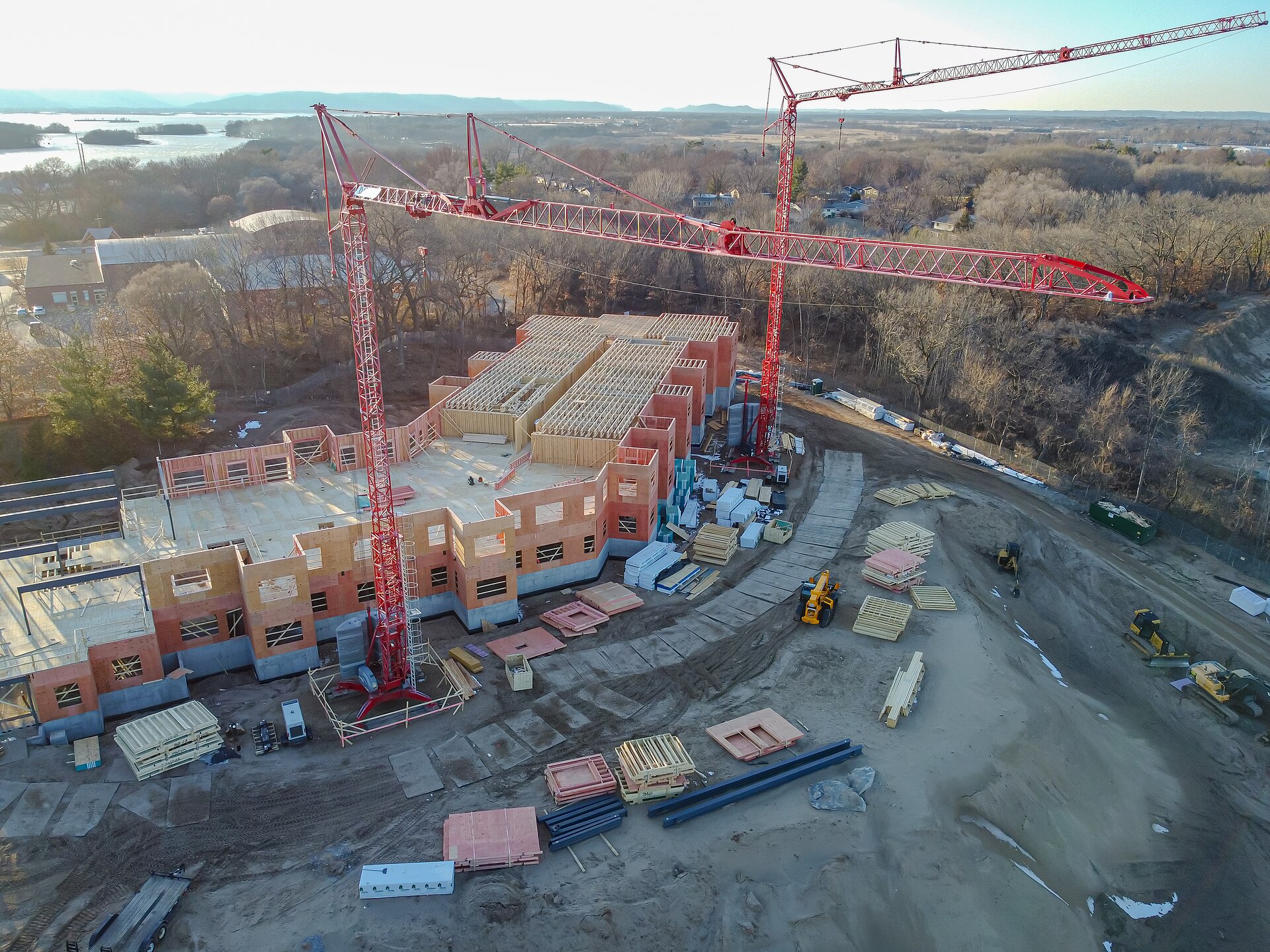 Tower crane aerial view over a building site