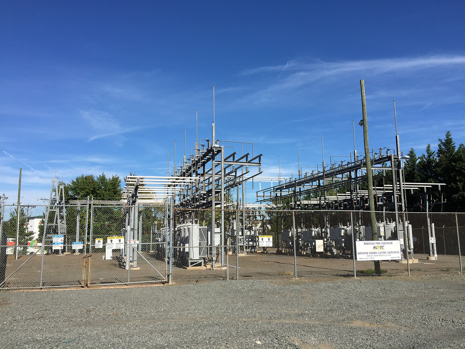 An electrical substation at the intersection of Conner Drive and Virginia State Route 28, Centreville Road, in Manassas Park, Virginia