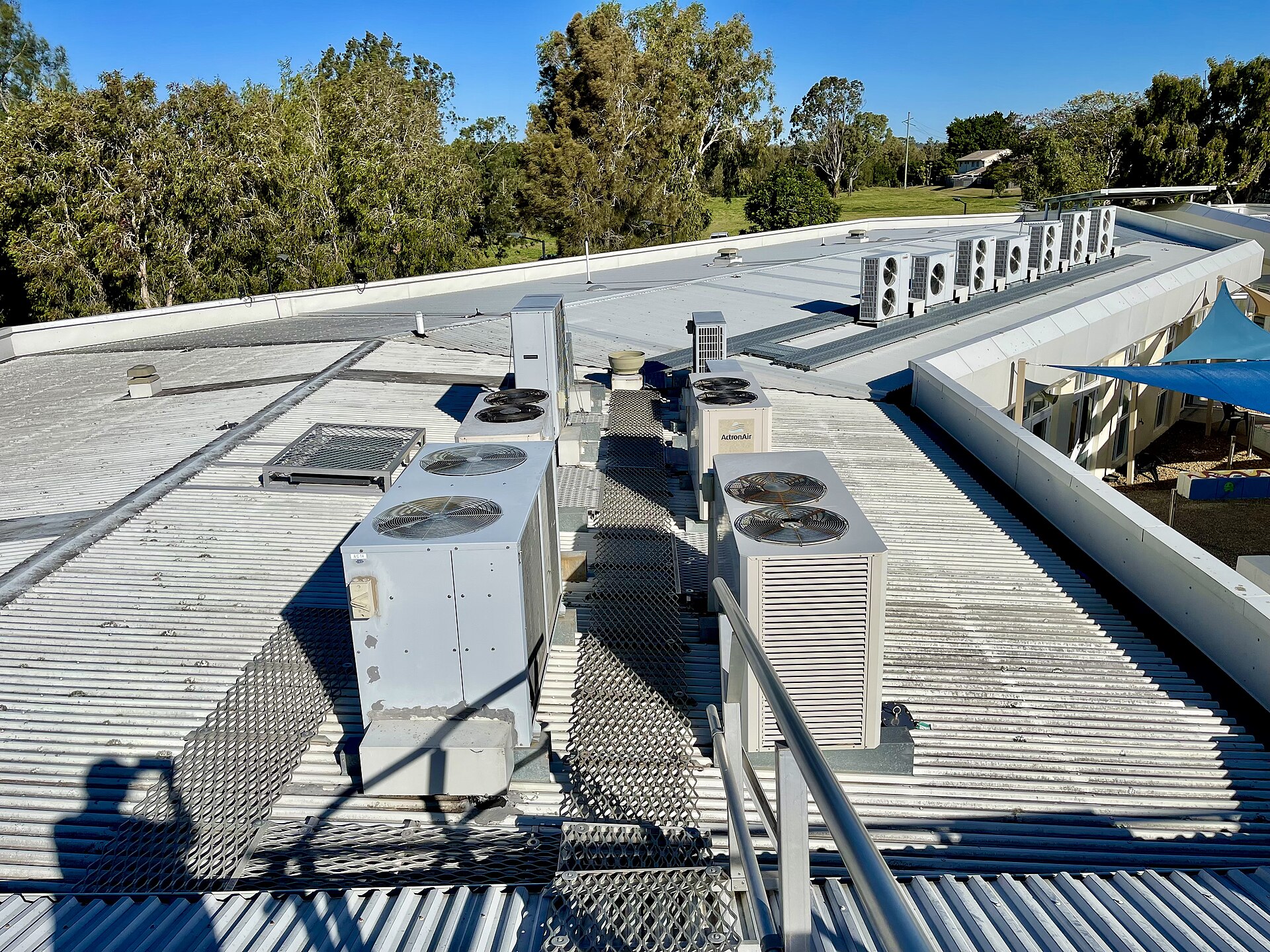 Air conditioning units on the roof of a hospital building